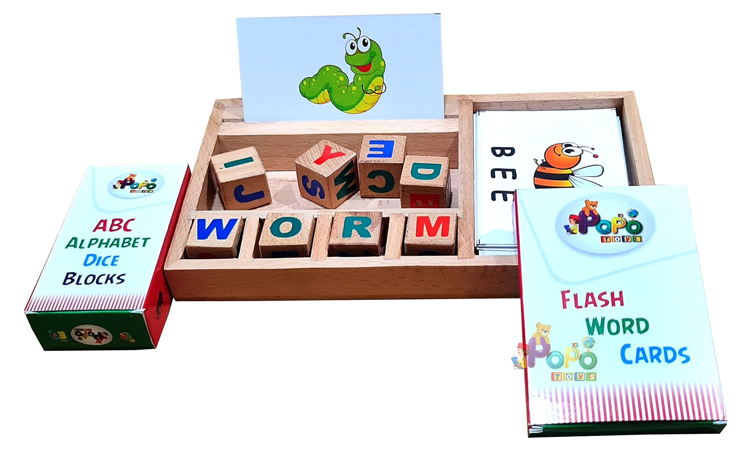 Popo Toys Spell Master Dice Game Wooden Puzzle | Spell Learn for Kids Learning Word Game with Flash Cards| Montessori Learning Educational Toy Gift| Preschool Boys/Girls/Kids