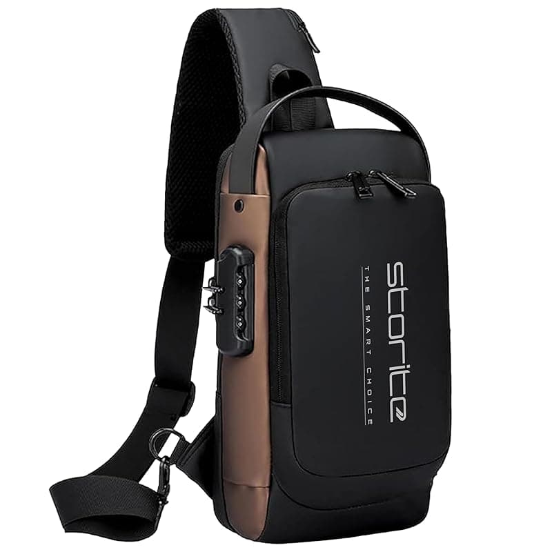 Storite Sling Bag for Men Stylish Crossbody Backpack for Men & Women, Anti-Theft Chest Bag with USB Charging Port, Messenger Bags, Casual Shoulder Bag (Black Brown - 17 x 9 x 32 Cm)