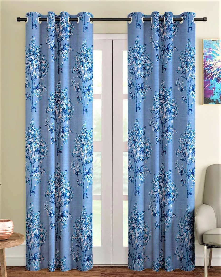 Fashion String semi Sheer 2 Piece Blossoms Eyelet Polyester Long Door Curtains-9 Feet, Blue