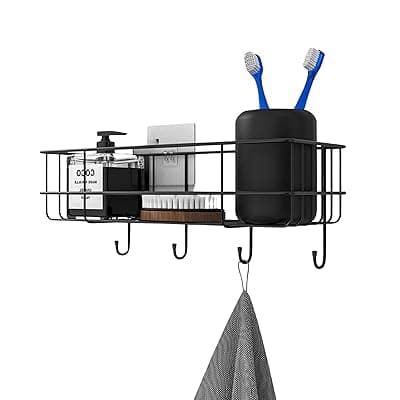 RAYMOX Stainless Steel Bathroom Shelf for Wall, Self Adhesive Bathroom Organiser, 4 Hooks for Towel Holder, Space-Saving Wall Mounted Bathroom Shelf with Elegant Design (Pack of 1, Black)