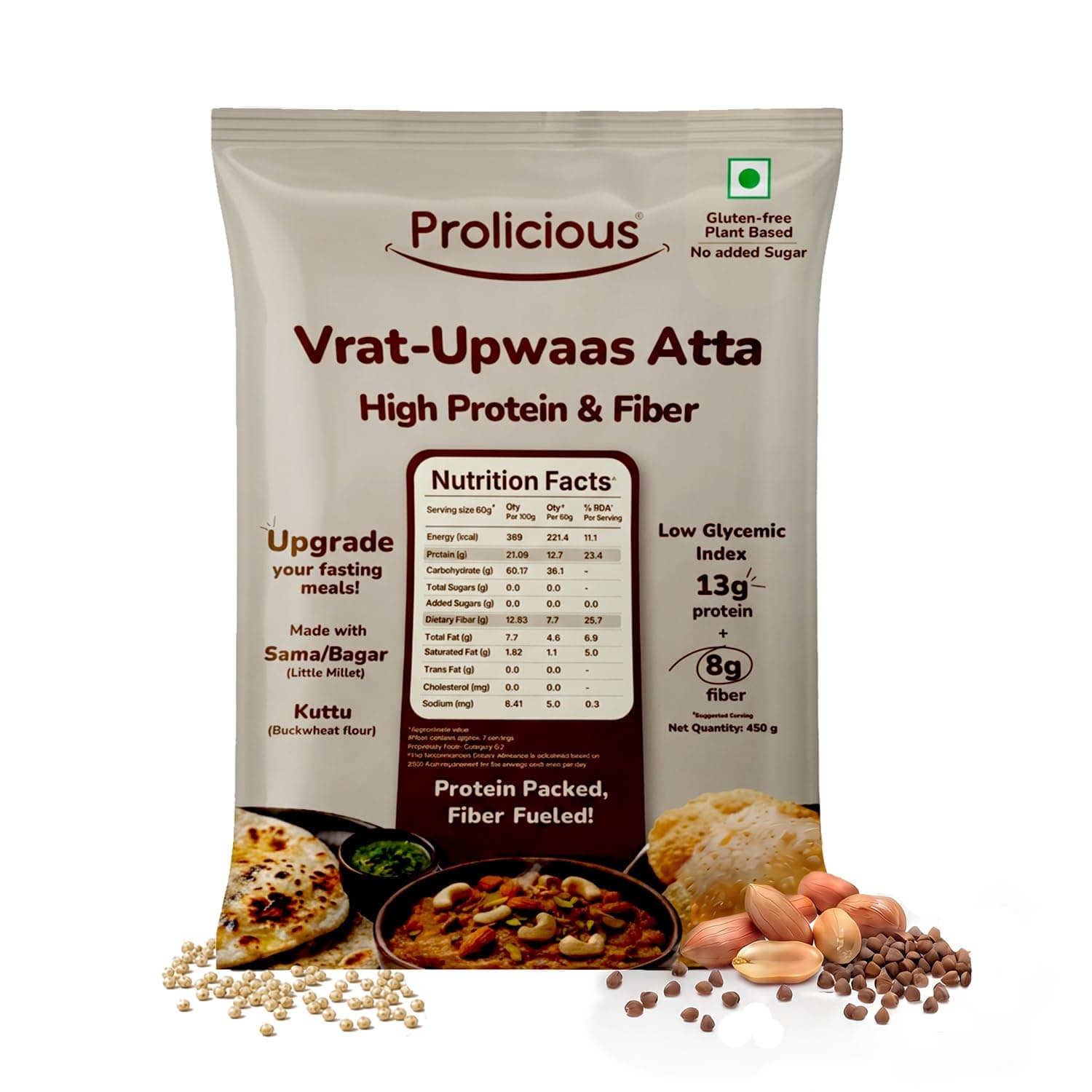 Prolicious Vrat-Upwaas Atta | Upgrade Your Fasting Meals | 13g Protein + 7g Fibre | Little Millet (Sama), Buckwheat (Kuttu) & Defatted Peanut Flour | Low GI, Diabetic & Sugar Friendly | Diet Watchers | 450g