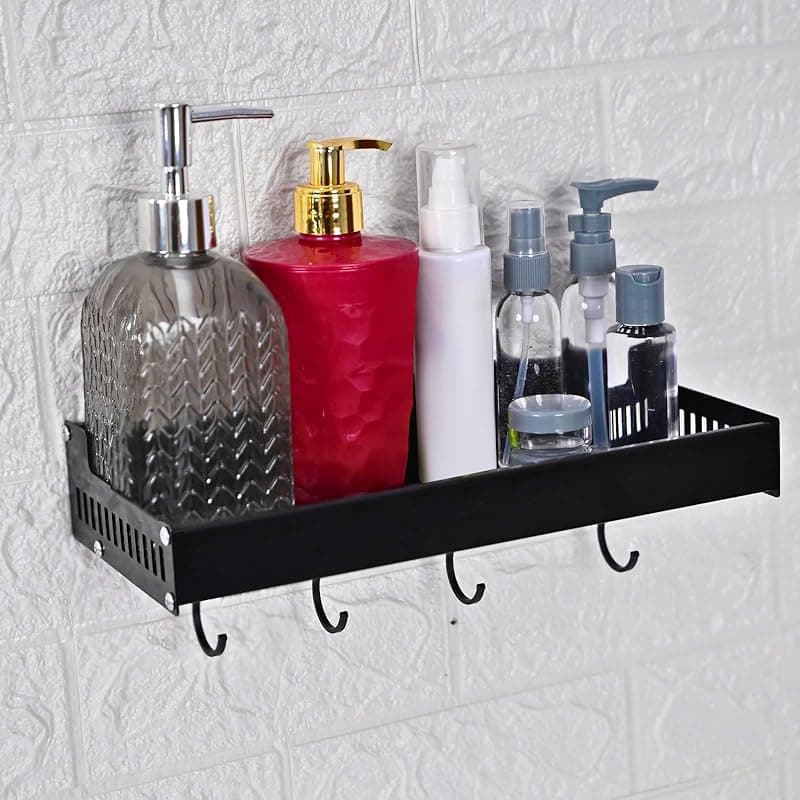 Boniry 30 CM Multipurpose Aluminum Bathroom Shelf with Movable Hooks &amp; Towel Bar | Wall Shelf Bathroom Rack Ideal for Metal Bathroom and Kitchen Shelves (Black, 30 CM with 4 Hook)