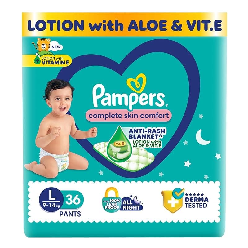 Pampers Complete Skin Comfort Pants, Anti-rash blanket, Lotion with Vitamin E & Aloe Vera, Large size baby Diapers, (L) 36 Count,9-14 kg