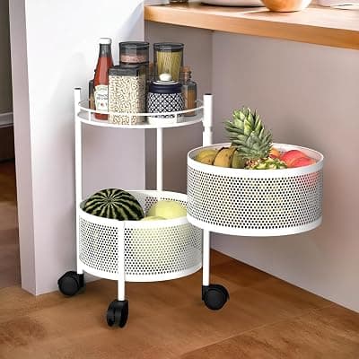 Storage Rack | 360° Revolving Vegetable Kitchen Rack | Round Multipurpose Storage Trolley with Wheels | Metal Fruit Storage Rack | Kitchen Cabinet Spice Rack (White, 2 Layer)