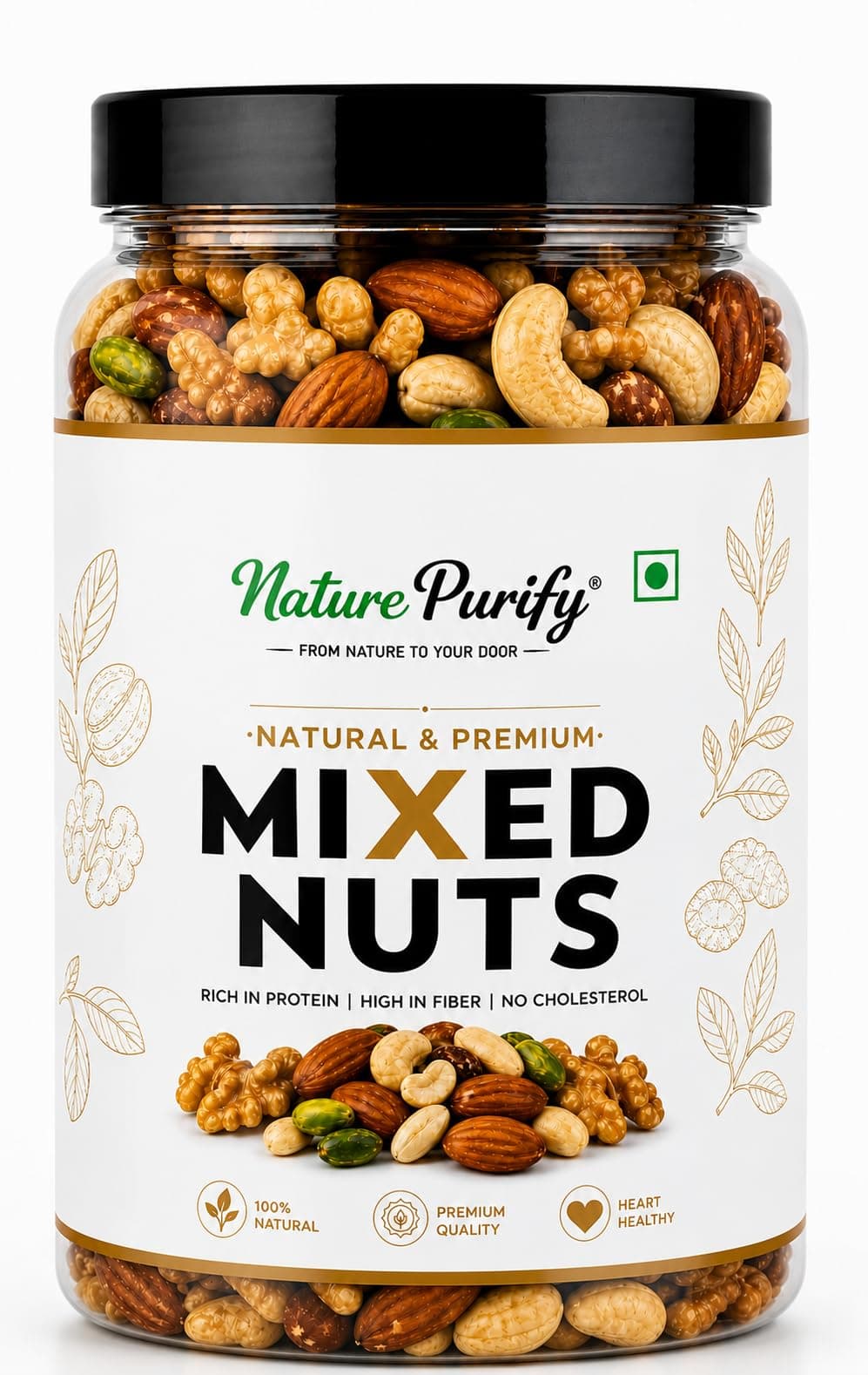 Nature Purify Mixed Dry Fruits Premium 1kg | Almonds, Cashews, Kishmish, Apricots & Seeds Mix | Fresh Crunchy Nut & Fruit Combo Pack for Snacking & Gifting | Jar Pack Of 1