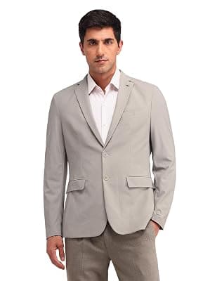 Arrow Men's Beige Textured Notch Collar Long Sleeve Formal Nylon Slim Fit Blazer