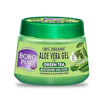 Boroplus Aloe Vera Gel With Green Tea 100% Organic For Skin &amp; Hair, Rich In Vitamin E And Antiseptic Herbs For Smooth, Nourished And Moisturised Skin, 200Ml