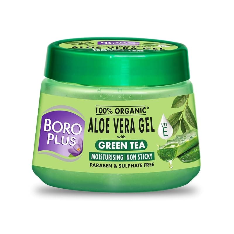 Boroplus Aloe Vera Gel With Green Tea 100% Organic For Skin &amp; Hair, Rich In Vitamin E And Antiseptic Herbs For Smooth, Nourished And Moisturised Skin, 200Ml