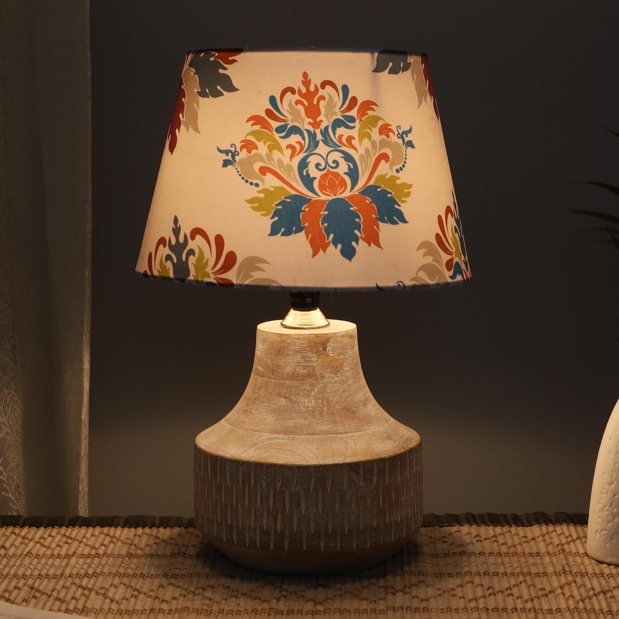 tu casa Elegent Mangowood Table Lamp for Home Decoration, Bedroom, Living Room, Lounge, Office, Festival Gifting, Study Table (English Oak Print with Satin Shade) H - 14" / No Blub