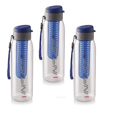 CELLO Infuse Water Bottle Set of 3, 800ml, Blue | Food Grade Unbreakable Detox Bottle with Infuser Chamber | Reusable Leakproof Lightweight Easy to Carry Fridge Pet Bottle For Home, Gym &amp; Outdoor