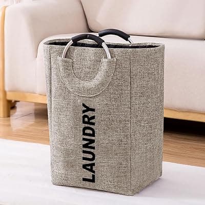 Luxe Home Tall Laundry Hamper with Aluminum Handles 30L x 40W x 65H cm - Durable Fabric Laundry Basket with Cushioned Grip - Foldable and Sturdy Laundry Organizer - Laundry Print - Beige