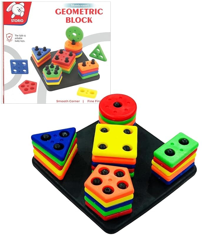 Storio Geometric Shape Sorter Toy for Kids | Educational Montessori Learning Blocks | Creative Stacking &amp; Sorting Activity Game | Multicolor Square Shape Puzzle Toy for Toddlers (3+ Years)