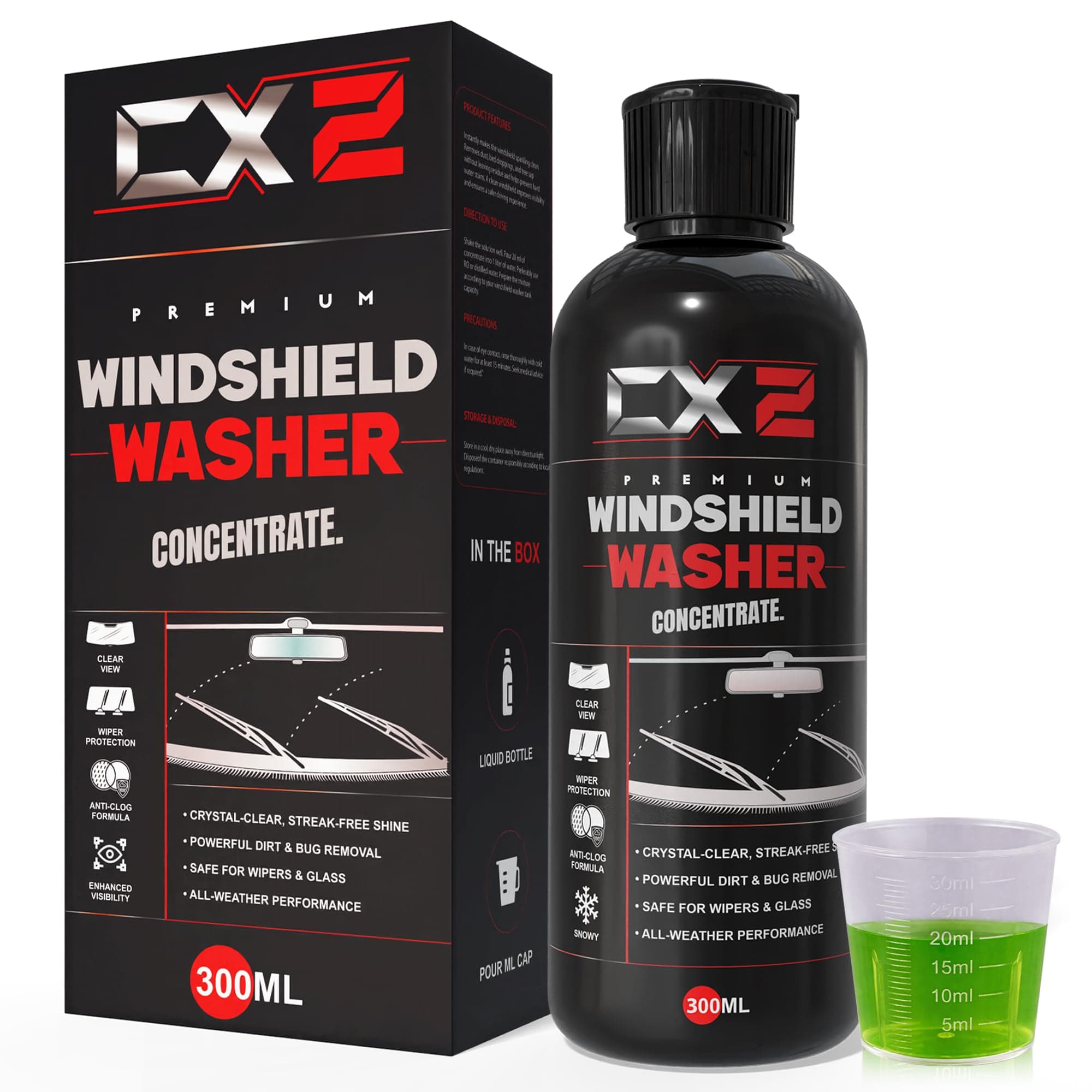 CX2 Windshield Washer Fluid Concentrate for Car| 300ml | Streak-Free Glass Cleaning | Removes Dust, Bugs & Road Grime | 20ml Dilution per 1L Water | Safe for Wiper Blades & Car Glass
