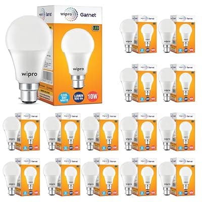 wipro Garnet 10W LED Bulb for Home &amp; Office |Cool Day White (6500K) | B22 Base|220 Degree Light Coverage |4Kv Surge Protection |400V High Voltage Protection |Energy Efficient | Pack of 15