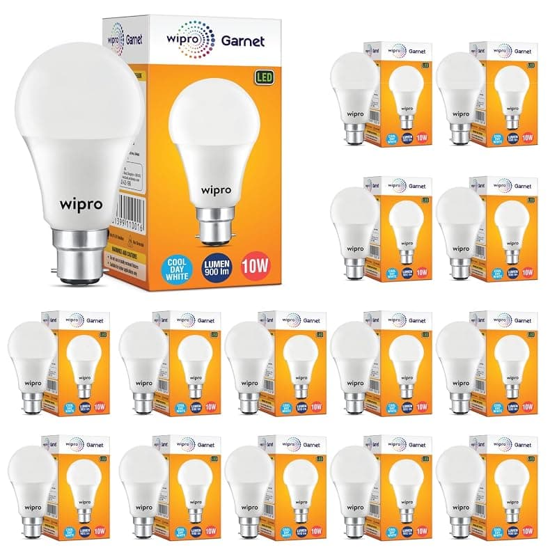 wipro Garnet 10W LED Bulb for Home &amp; Office |Cool Day White (6500K) | B22 Base|220 Degree Light Coverage |4Kv Surge Protection |400V High Voltage Protection |Energy Efficient | Pack of 15