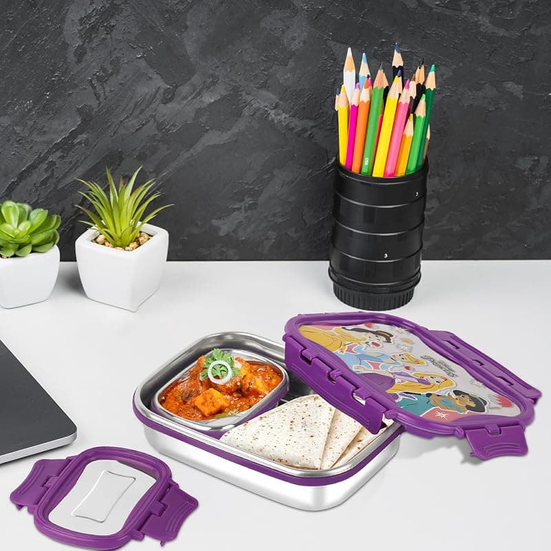 CELLO Click It Toons Big Disney Princess Lunch Box, 1024ml, Purple | 100% Food Grade | Leak Proof and Break Resistant | 2 Containers Lunch Box
