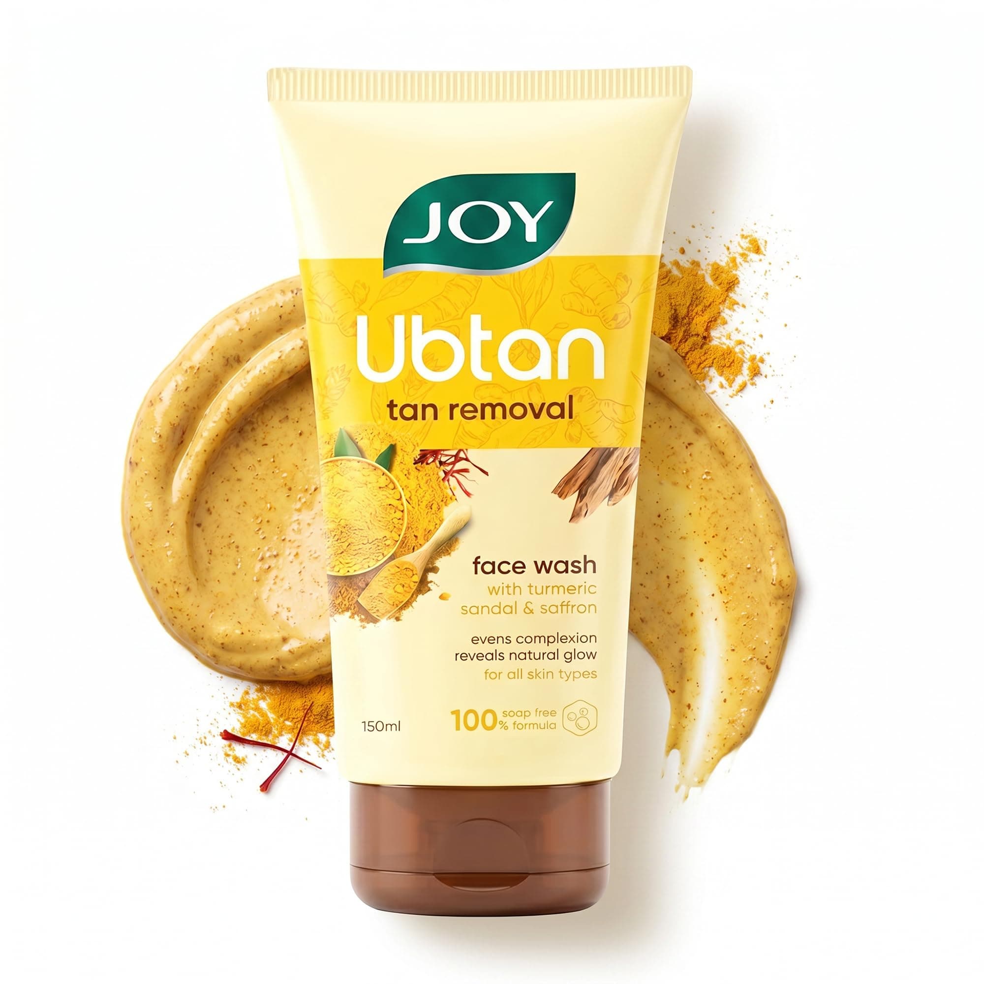 Joy Ubtan Tan Removal Face Wash 150ml | Detans & Brightens, Removes Dirt & Blemishes for a Natural Glowing Skin | Enriched With Turmeric, Saffron & Sandalwood | Suitable for All Skin Types