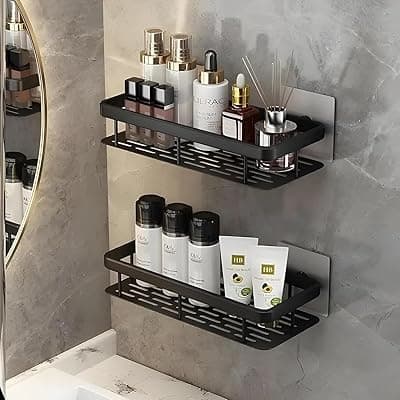 Dwain Wall Mounted Bathroom Shelf with Guard Rail, Aluminium Storage Rack with Drainage Base, Black Finish (Pack of 2) (Black)