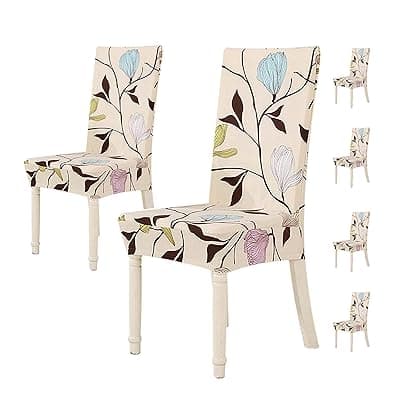 House of Quirk Elastic Chair Cover Stretch Removable Washable Short Dining Chair Cover Protector Seat Slipcover (Pack of 6, Cream Brown Leaf), Polyester