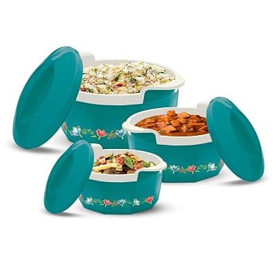 MILTON Elegance Jr. Inner Stainless Steel Casserole Gift Set Of 3 (395 Ml, 750 Ml, 1.35 Litres), Green | Pu Insulated | Bpa Free | Food Grade | Hot & Cold | Easy To Carry, Blue-Green
