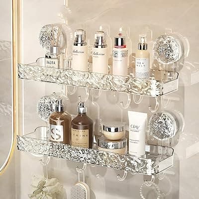 Wall Mounted Bathroom Storage Rack with Suction Cups – Double Shelf with Hooks – Transparent & Patterned Front Design (2)