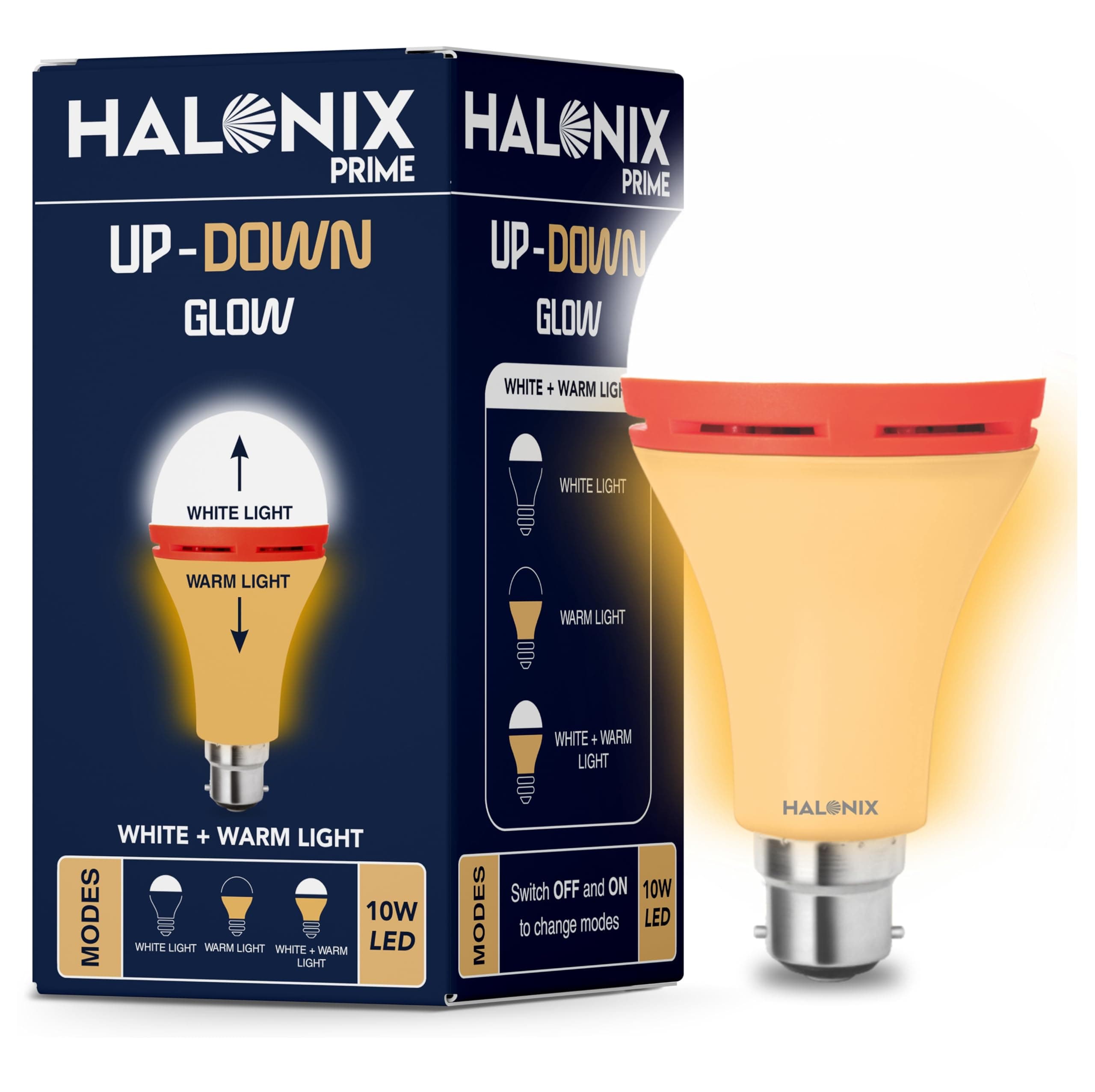 Halonix 10W Up Down Glow Yellow & White 3 Modes LED Bulb | Switch On-Off to Change Color | Decorative B22d