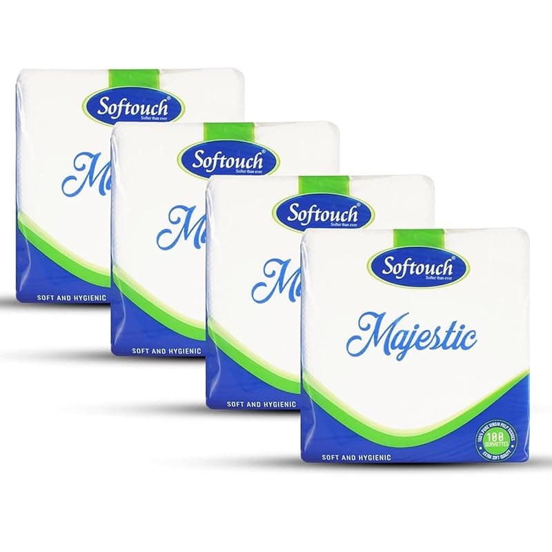 Softouch Tissue Paper Napkins 100 pcs. Each- Set of 4 | Tissue Napkins Size 30x30 cm | 1 Ply Napkins | Highly Absorption | 400 Tissues Paper Napkins