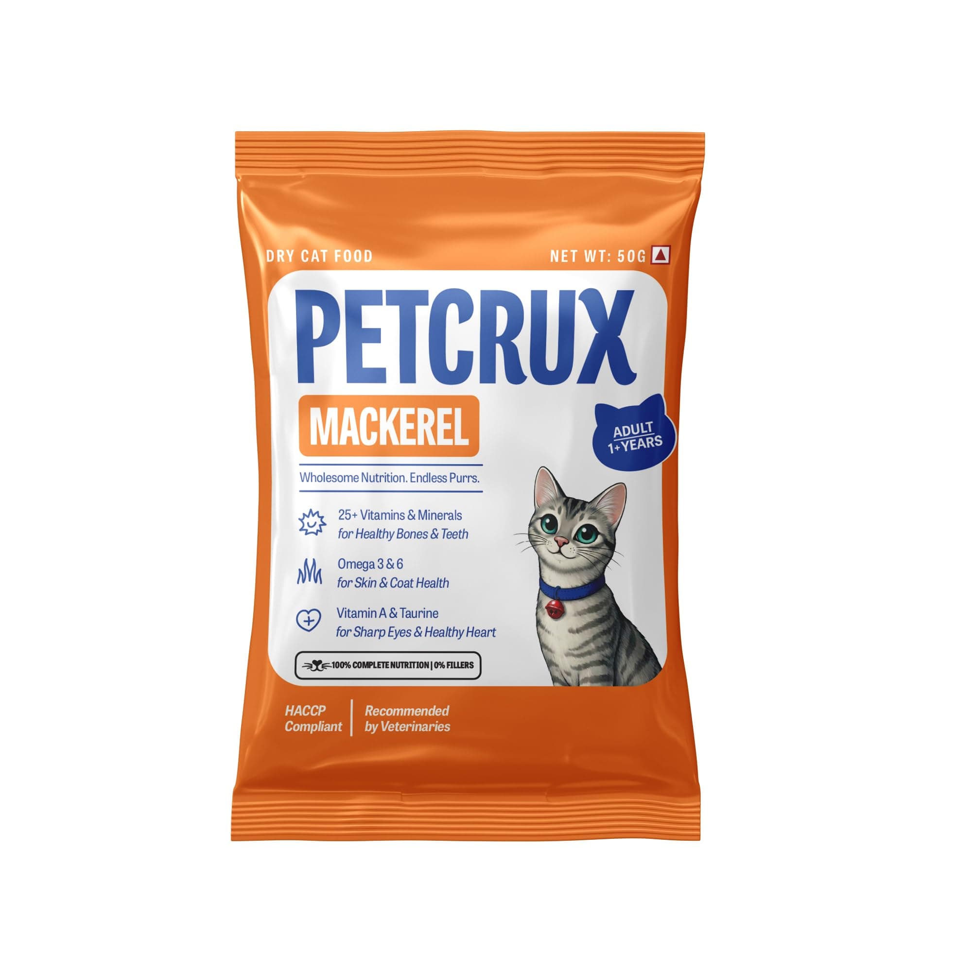Petcrux Dry Adult Cat Food, Mackerel Fish Flavor, with Omega 3 & 6 and Taurine, Complete & Balanced Nutrition for Adult Cats, Trial Pack 50 g