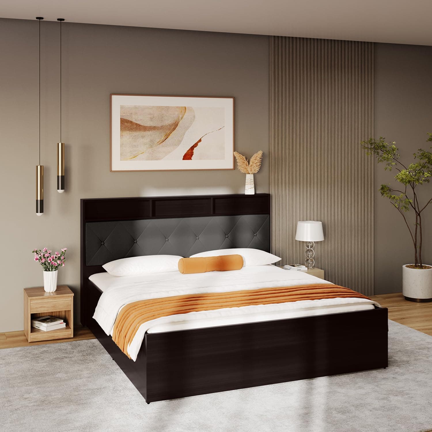 Godrej Interio Bed Upmods Lattice King Size Engineered Wood Bed with Hydraulic Storage, 1-Year Warranty, Cinnamon & Gun Metal, Metal & Particle Board