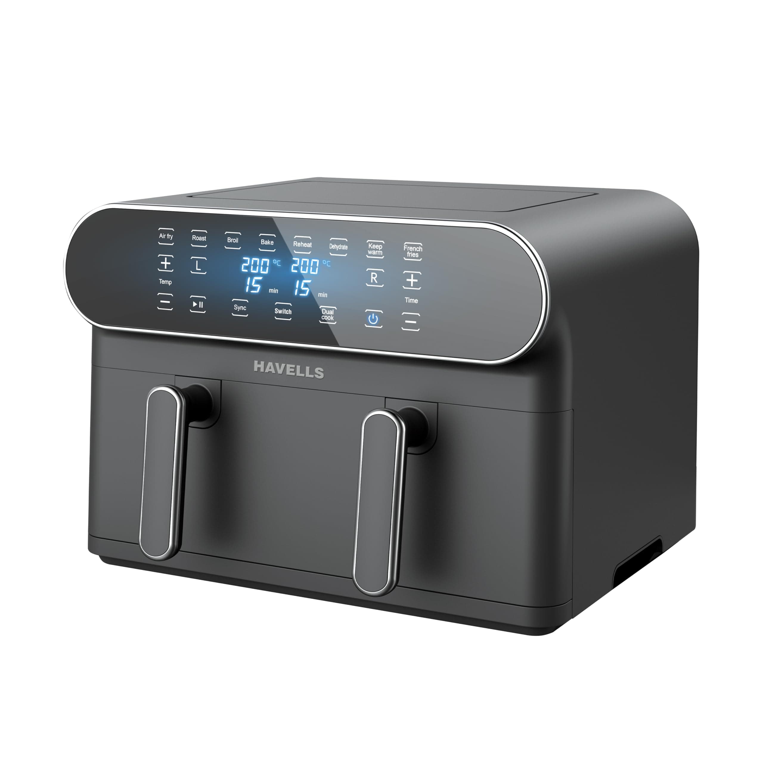 Havells Air Fryer Prolife Delicia 1700 W|Dual Basket Air Fryer|85% Less Oil|10.5L Pan|8 Auto Pre-set Menu|Auto Restart|Digital Touch Control|Dehydrator Mode|2Yr Door Step Warranty by Havells (Black)