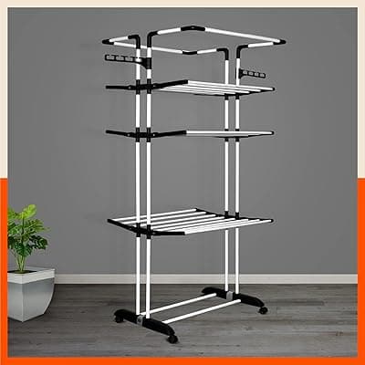 Bathla 4 Level Modular Cloth Drying Stand with Wheels - Rustproof Portable Steel Laundry Rack (Black - Extra Large) - Clothes Dryer for Balcony, Indoor &amp; Outdoor Use