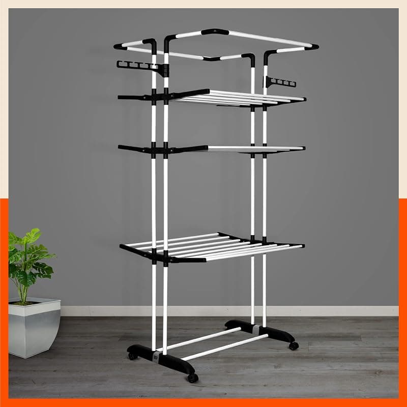 Bathla 4 Level Modular Cloth Drying Stand with Wheels - Rustproof Portable Steel Laundry Rack (Black - Extra Large) - Clothes Dryer for Balcony, Indoor &amp; Outdoor Use