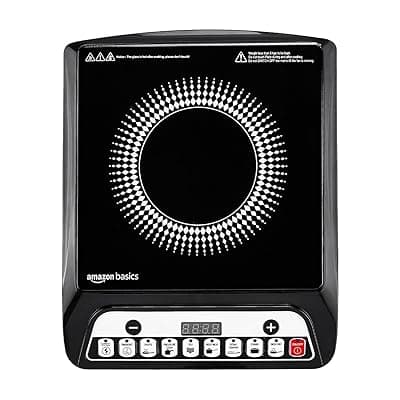 Amazon Basics 1600W Induction Cooktop | 7 Pre-Set Cooking Menus | LED Display | Smart Push Buttons I Energy Efficient, Auto Cut-off, 20A IGBT &amp; 4KV Surge Protection I Black