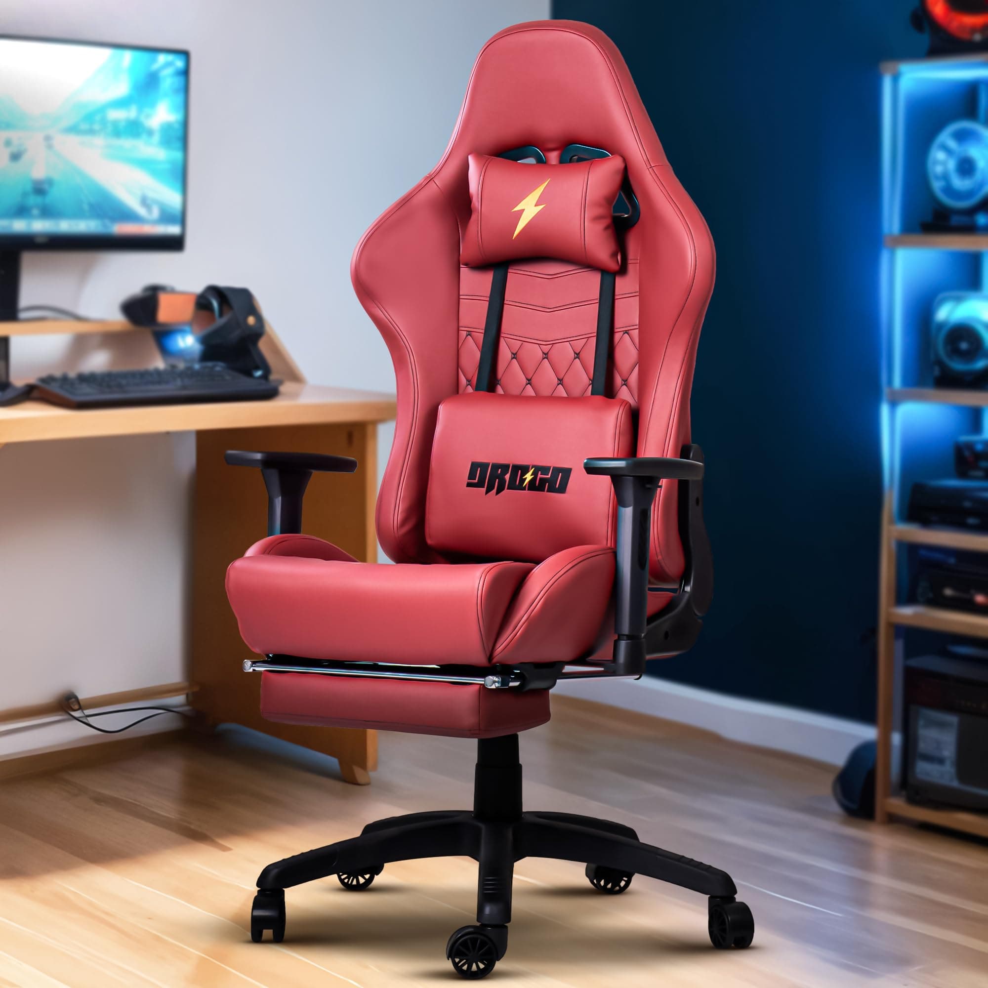 BAYBBAYBEE Drogo Multi-Purpose Ergonomic Gaming Chair with 7 Way adjustable Seat, PU Leather, Head & USB Massager Lumbar Pillow | Home & Office Desk Chair with Full Reclining Back & Footrest(Wine Red)