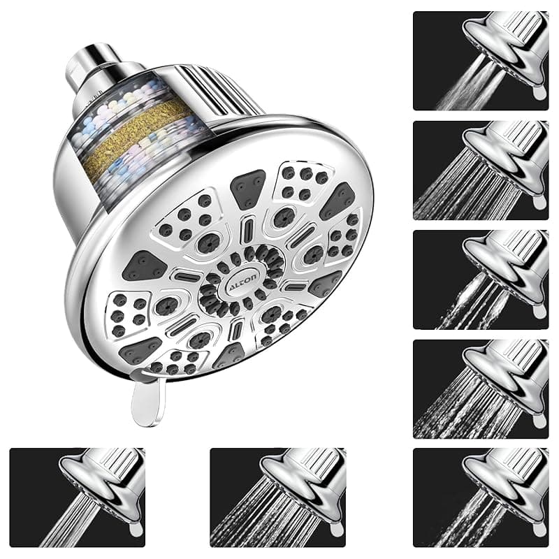ALTON FLT40500, 5-Inch, 7-Function, 15-Stage Shower Filter for Hard Water | Bathroom Water Softener | Silver Shower Head Filter