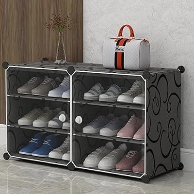 Ozoy 6 Shelf 2 Door DIY Multi-Purpose Plastic Shoe Storage Cabinet for Home Office,Adjustable Foldable Shoe Organizer for Bedroom, Entry Way with Dust Proof Door for Heels/Sleepers/Boots-Black-A2