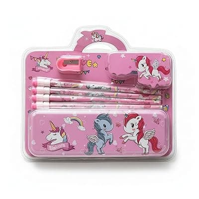 JOUET Unicorn Stationery Kit for Girls Metal Pencil Box Set with 4 Pencils, Sharpener, Eraser &amp; Grip Jumbo School Supplies Combo Pack Best Birthday Return Gift for Kids