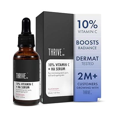 ThriveCo 10% Vitamin C Face Serum with 33kDa + 5kDa Hyaluronic Acid | Skin Brightening Serum for Glowing Skin | Best Vitamin C Serum for Dark Spots, Hydration &amp; Anti-Aging | 30ml