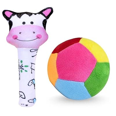 TOYTALES Cow Baby Rattle Set Soft Hand Rattle &amp; Sound Ball Toy for Newborns | Colorful, Lightweight, Teething-Friendly Sensory Toy for Infants, Toddlers &amp; Babies (0+ Months)