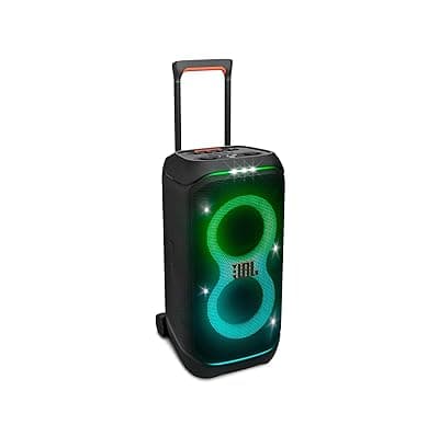 JBL Partybox 320, Portable Bluetooth 240W Party Speaker, AI Sound Boost, Futuristic Light Show, Multispeaker Connection by Auracast, Telescopic Handle &amp; Wheels, Dual Guitar &amp; Mic Inputs (Black)