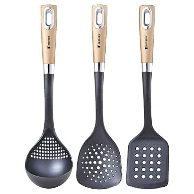 Bergner Centro 3 Pcs Nylon Kitchen Tool Set, 1 Slotted Turner, 1 Ladle and 1 Skimmer, Non-Toxic, Food Safe, Comfortable Grip - Black