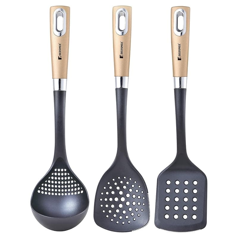 Bergner Centro 3 Pcs Nylon Kitchen Tool Set, 1 Slotted Turner, 1 Ladle and 1 Skimmer, Non-Toxic, Food Safe, Comfortable Grip - Black