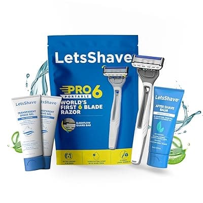 LetsShave Pro 6 Portable Starter Kit for Men | World's First 6-Blade Disposable Razor with, 2 Transparent Shave Gel (15ml) & 1 After Shave Balm (30ml) | Travel Grooming Kit for Smooth Shave