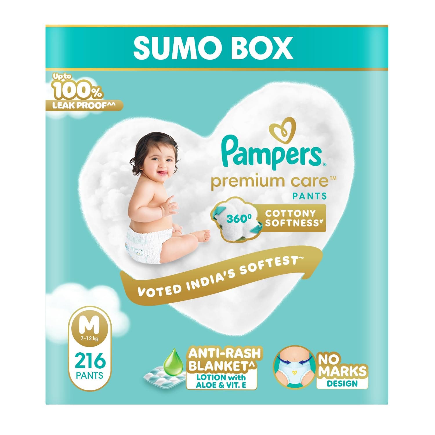 Pampers Premium Care | Pant Style, Medium Size, 216 Count | 360 Cotton Softness Diaper |Anti Rash Diaper with Aloe Vera and 100% Leak Proof Protection