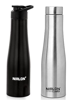 NIRLON Stainless Steel Single Wall Water Bottle/Fridge Refrigerator Bottle/ 100% Leak Proof/Office Bottle/School Bottle|Set of 2 [Tall Bell Flip Black 1000ml & Tall Bell 1000ml]