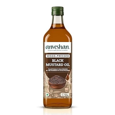 Anveshan Wood Cold Pressed Mustard Oil - 1L (Extracted on Wooden Churner) | Plastic Bottle | Kolhu/ Kacchi Ghani/ Chekku | Natural | Chemical-Free | Black Mustard Oil for Cooking | Perfect blend of Health, Taste &amp; Aroma