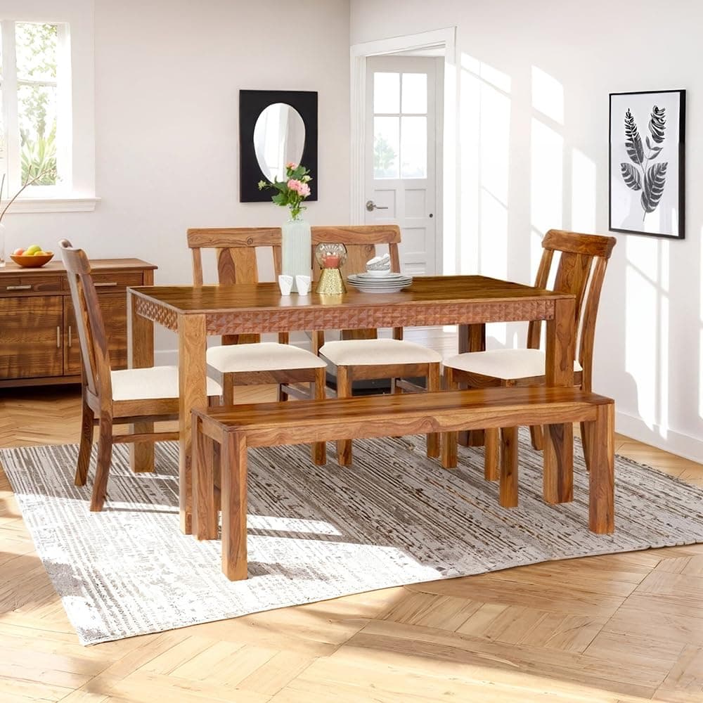 Royaloak Terence Wooden 6 Seater Dining Table Set with Bench and Chairs| Sheesham Wood | CNC Design Elements | Solid Wooden Legs | Modern Design |Spacious Seating for Six | Durable and Sturdy Build