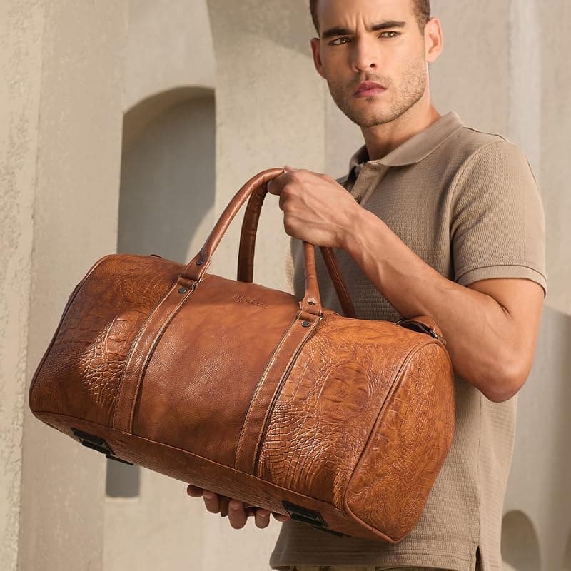 Lifelong Leatherette Stylish &amp; Spacious Weekender Duffle Bag | Stylish Travel Bag for Men &amp; Women | Spacious Overnight Bag with Zip Pocket | Padded Handles | Carry-On Friendly (Tan)