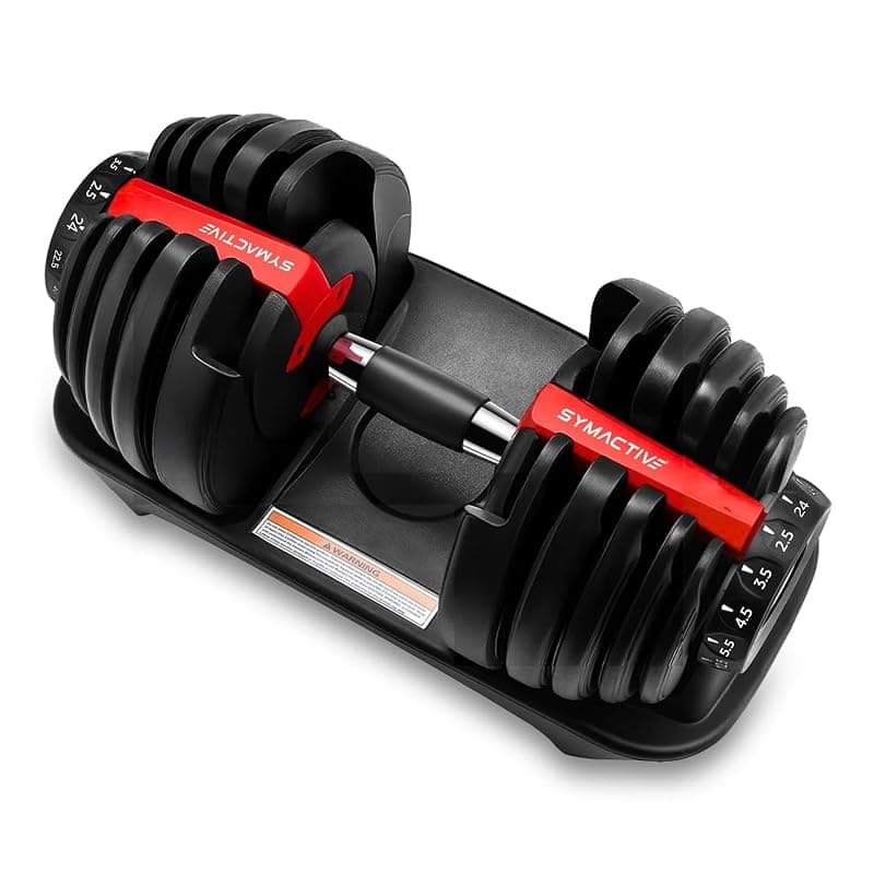 Amazon Brand - Symactive Adjustable Dumbbells 2.5Kgs - 24Kgs | Easy Weight Adjustment | Home Gym Equipment | for Men & Women | Non-Slip Grip, Durable | Red | 44 x 21 x 23 cm