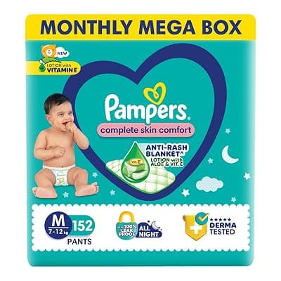 Pampers Complete Skin Comfort Pants| Pant style Diaper Medium, 152 count| Anti-Rash blanket lotion with Vit E and Aloe Vera | All night protection with leak proof technology( 76 Count, Pack of 2)